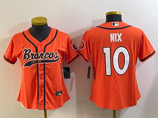 Women's Orange Denver Broncos #10 Bo Nix With Patch Cool Base Stitched Baseball Jersey(Run Small)